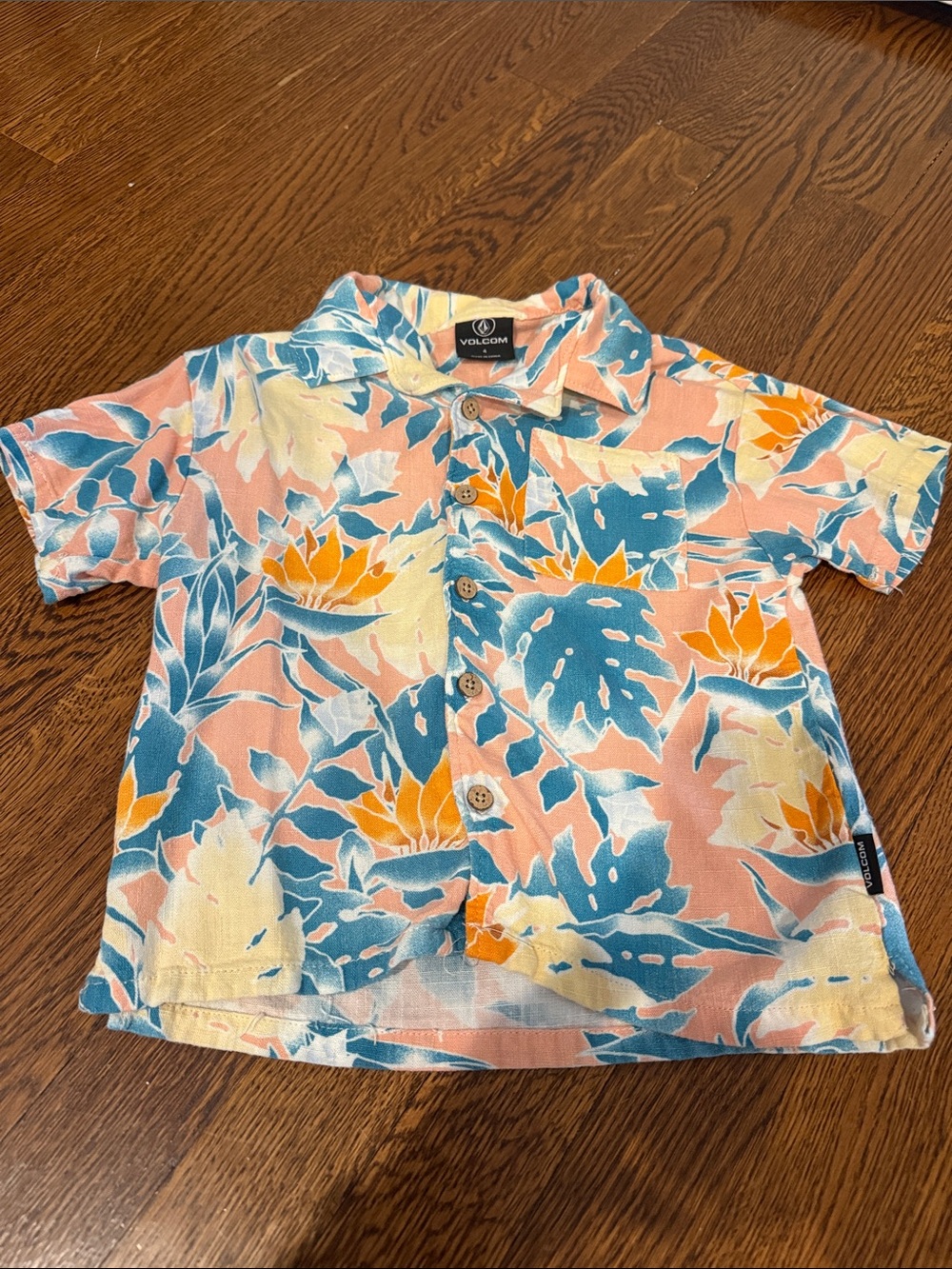 Volcom Kids Tropical Button-Front Shirt in Coral, Teal & Yellow- Linen